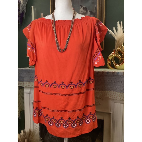 For The Republic Tops - For The Republic Orange Embroidered Off Shoulder Flutter Sleeve Blouse Large